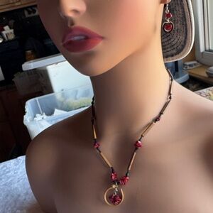 Handcrafted Red Flower Pendant Necklace and Earrings Set